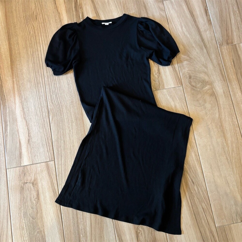 Line & Dot Sweater Dress Womens Size L Black Ribbed Knit Puff Sleeve Midi
